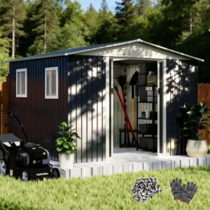 10 8 ft gray metal storage shed with four windows and lockable sliding door 1