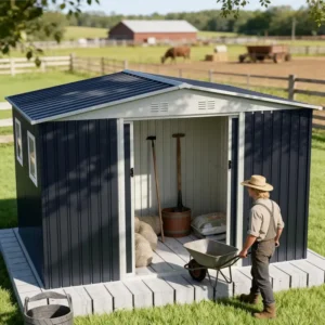10 8 ft gray metal storage shed with four windows and lockable sliding door 2